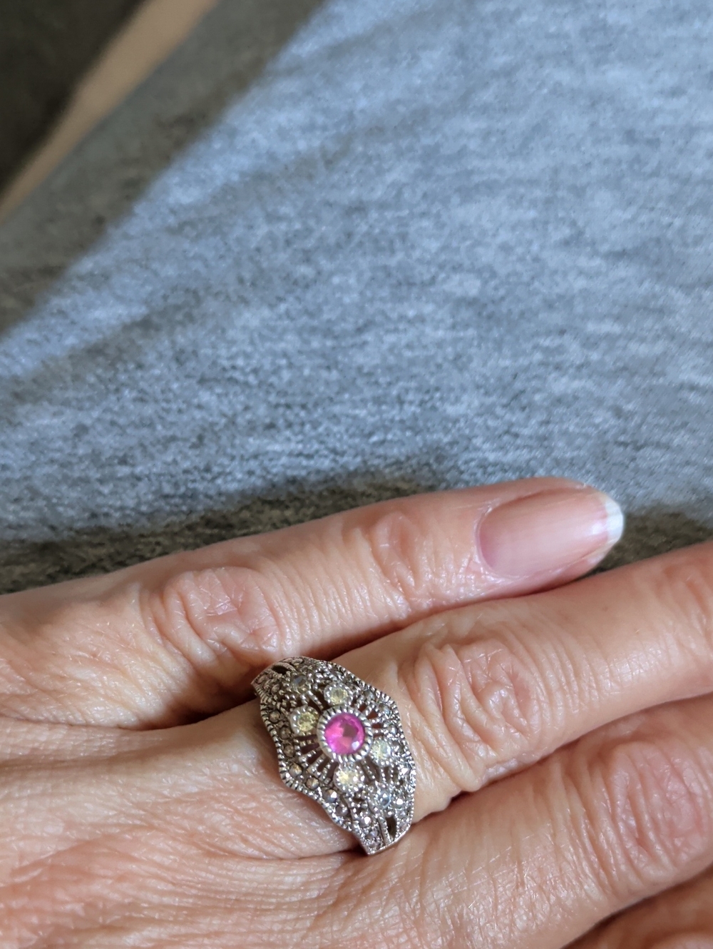 Vintage-Inspired Sterling Silver Ring with Pink Gemstone